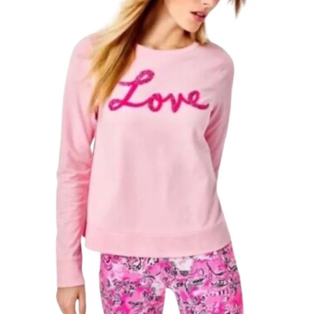 Lilly Pulitzer Pink Rami Graphic Sweatshirt Love Embellished Top L NWT